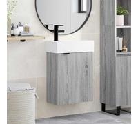 Wynira Meuble de salle de bain gris Sonoma avec lavabo et mitigeur noir, meuble de salle de bain en bois avec espace de rangement, porte réversible, montage mural pour toilettes d'invités et salle de