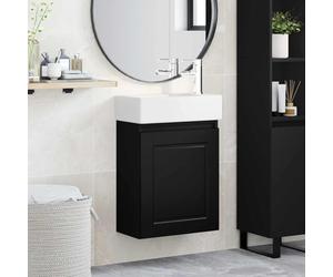 Wynira Meuble de salle de bain noir avec lavabo en céramique et robinet mélangeur, meuble de salle de bain compact suspendu avec espace de rangement, porte réversible, peu encombrant, pour toilettes