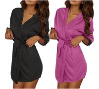 Wyongtao Lot De 2 Peignoir De Bain Femme Court Chemise De Nuit en Soie Glace pour Femmes Peignoir De Bain Femme Satin Manches 3/4 Dentelle Peignoirs Kimono Nuit Vêtements D'Intérieur Décontracté
