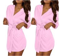 Wyongtao Lot De 2 Peignoir De Bain Femme Court Chemise De Nuit en Soie Glace pour Femmes Peignoir De Bain Femme Satin Manches 3/4 Dentelle Peignoirs Kimono Nuit Vêtements D'Intérieur Décontracté