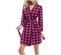 Wyongtao Peignoir De Bain Femme Court Robe De Chambre Chaud En Polaire Peignoirs Avec Ceinture Poche Chemise De Nuit Femme Grande Taille Vêtements De Nuit Et D'Intérieur Imprimé À Carreaux