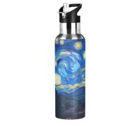 Wzzzsun Nuit Étoilée Étoile De Van Gogh Isotherme Bouteille d'eau avec Paille, Gourde Sport en Acier Inoxydable 600ML Gourdes sans BPA pour Enfant Garçon Fille École Bureau