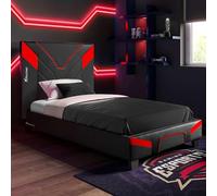 X-Rocker Cerberus MKII - Cadre de lit rembourré pour lit simple de 91 cm, montage facile, confort respirant, lattes en bois, cuir synthétique facile à nettoyer, pour enfants et adolescents, rouge