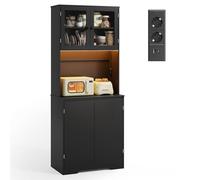 Xbro Buffet Haut Cuisine Vaisselier avec Plan de Travail, Meuble de Rangement avec LED et Prises Électriques, 4 Portes Dont Portes en Verre, Étagères Réglables, pour Cuisine et Salle à Manger, Noir