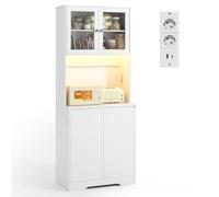 Xbro Buffet Haut Cuisine Vaisselier avec Plan de Travail, Meuble de Rangement avec LED et Prises Électriques, 4 Portes Dont Portes en Verre, Étagères Réglables, pour Cuisine et Salle à Manger, Blanc