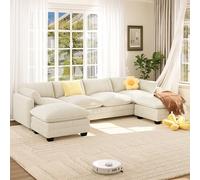 Xbro Canapé d'angle Modulable 319 cm 4 Places avec Repose-Pieds, Ensemble de 4 Pièces pour Salon, Double Coussin Moelleux, Assise Profonde et Large, Grand Canapé en U Confortable, Beige