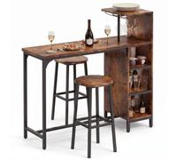 Xbro Ensemble Table de Bar avec 2 Tabourets, Table de Bar Style Industriel avec Porte-Verres, Porte-Bouteilles, Casier à Vin, Étagères Latérales, 120 × 40 × 120 cm, Rétro Brun