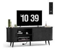 Xbro Meuble TV avec Prise et USB, Meuble Télé Bas pour Salon 60 Pouces | Meuble TV bas effet bois avec rangement salon, 2 prises AC, 2 USB, passe-câbles, étagères réglables et 4 compartiments