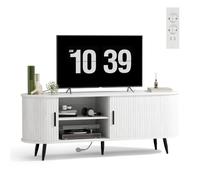 Xbro Meuble TV avec Prise et USB, Meuble Télé Bas pour Salon 60 Pouces | Meuble TV bas effet bois avec rangement salon, 2 prises AC, 2 USB, passe-câbles, étagères réglables et 4 compartiments