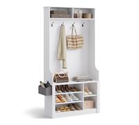 Xbro Porte-Manteau avec Banc à Chaussures, Meuble d’Entrée 3 en 1, 4 Crochets Doubles, 5 Étagères à Chaussures Réglables, 2 Étagères, Antiroulis, pour Couloir, Entrée, 90 x 30 x 183 cm, Blanc