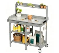 Xbro Table de Rempotage en Bois avec Plateau Galvanisé, Table Jardinage | Mobile avec Tiroir, Étagères, Crochets et Roulettes, Hauteur 80 cm, pour Jardin, Balcon et Terrasse, 112 x 43 x 121 cm, Gris
