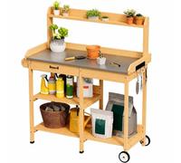 Xbro Table de Rempotage en Bois avec Plateau Galvanisé, Table Jardinage | Mobile avec Tiroir, Étagères, Crochets et Roulettes, Hauteur 80 cm, pour Jardin, Balcon,112 x 43 x 121 cm, Naturel