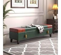 XDOPIRRS Banc de Rangement, Coffre en Similicuir Huilé Vintage avec Grand Espace de Stockage pour Bout de Lit Chambre et Entrée Couloir, Pouf Rembourré avec Pieds en Chêne(E,150cm/59in)