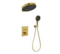 XDSMB Colonne de Douche Thermostatique Encastrable Cascade Or Brossé | Kit Robinet Douche Complet Encastrée Douche Tête Pluie 2 en 1, Ensemble Colonne de Douche Sans Mitigeur, Accessoires Complets