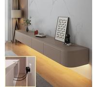 XDXINY Console multimédia TV flottante - Meuble TV mural - Grand banc de rangement sous TV - Meuble bas avec tiroirs et support de routeur (Kaki + LED, 220 x 20 x 24 cm)