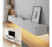 XDXINY Console multimédia TV flottante - Meuble TV mural - Grand banc de rangement sous TV - Meuble bas avec tiroirs et support de routeur (Blanc B + LED, 220 x 20 x 30 cm)