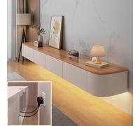 XDXINY Console TV flottante - Meuble mural - Banc de rangement - Meuble bas avec tiroirs et routeur (blanc-marron + LED, 140 x 20 x 24 cm)