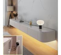 XDXINY Meuble TV suspendu, étagère murale pour TV, meuble TV avec grand espace de rangement, petite table sous TV, meuble bas avec tiroirs, support pour routeur (blanc rock + LED, 300 x 20 x 24 cm)