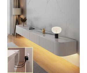 XDXINY Meuble TV suspendu, étagère murale pour TV, meuble TV avec grand espace de rangement, petite table sous TV, meuble bas avec tiroirs, support pour routeur (blanc rock + LED, 300 x 20 x 24 cm)