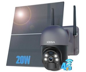 Xega Caméra 4G Solaire 24/7 Extérieure avec Carte SIM sans WiFi 20W Panneau | 20000mAh Batterie Autonome, 2K HD Surveillance, Vision Nocturne, Détection de Mouvement, IP66 Étanche, Abonnement Requis