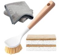 Xemnys Brosse Vaisselle pour Cuisine - Set de 5, Contient Brosses à Vaisselle en Bois Manche Sisal Poils, Eponge Compostable, Chiffon Microfibre, pour Récurer évier, casseroles, poêles