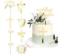 XFSRG 8 Pièces Décoration Gâteau Croix Acrylique Cake Toppers Bapteme Gâteau Enfant Decoration Pigeon Or Gâteau Topper pour Baptême Communion Mariage Anniversaire Fête