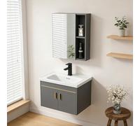 XGURWSSR Ensemble de Meuble de Salle de Bains Mural avec lavabo et Armoire à Pharmacie avec Miroir Assorti, Meuble de Rangement Suspendu Gris, Plan de Travail en céramique, Facile à Monter (61x40cm)