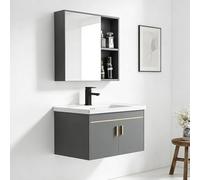 XGURWSSR Ensemble de Meuble de Salle de Bains Mural avec lavabo et Armoire à Pharmacie avec Miroir Assorti, Meuble de Rangement Suspendu Gris, Plan de Travail en céramique, Facile à Monter (71x47cm)