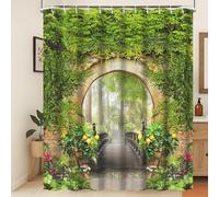 Xiaoterna Rideau de Douche Garden 3D Paysage printanier Feuilles Vertes Arcade Pont en Bois Rideaux de Salle de Bain imperméables Rétro Paysage de Parc extérieur Forêt Décoration de Ferme 150x200cm