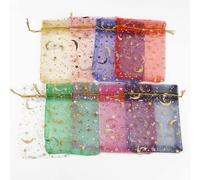 XIAOXIN 50pcs 9x12cm 11x16cm 13x18cm 17x23cm Mixte Or Lune étoile réglable Cordon Pochette Sacs pour Cadeaux de Mariage Organza Bijoux