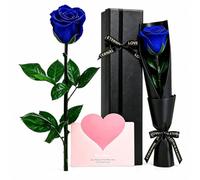 XIATIAN Rose Eternelle, Rose Naturelle avec Tige en Coffret Cadeau (Bleu) | avec Carte de Vœux, Cadeaux pour Femmes, Fleur Préservée Cadeaux pour Maman Noel Saint-Valentin Fete des Meres