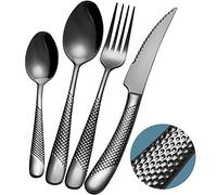 Xideman® couverts de table 24 pieces martelées noirs avec couteau dentelé 2 en 1 ultra tranchant, menagere inox 18/10 6 personnes, couvert plaqu titane noires couteaux, fourchettes, cuillères