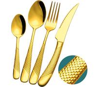 Xideman® couverts de table 24 pieces martelées or avec couteau dentelé 2 en 1 ultra tranchant, menagere inox 18/10 doré pour 6 personnes, set de couvert couteaux, fourchettes, cuillères