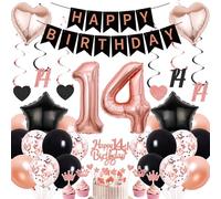 Xietaea Décoration 14e anniversaire fille - Or rose noir 14e fête Décoration de fête Ballons Happy Birthday Guirlande Décoration de gâteau Ballons géants chiffres et tourbillons suspendus pour 14 ans