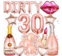 Xietaea Lot de 27 décorations d'anniversaire pour femme - En or rose - Bannière de ballons Dirty Thirty - En aluminium - Rouge à lèvres - Ballons à lèvres XXL - Champagne - Étoiles et ballons en forme