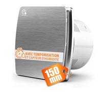 XIIW Extracteur d'Air 150mm Ventilateur Salle de Bain Hygroréglable| avec Minuterie Réglable et Capteur d'humidité, Clapet Anti-Retour| 240 m³/h 18 W- 35 dB Silencieux, IPX4 Cave WC et Cuisine- Argent