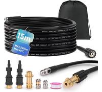 XIIW Tuyau Déboucheur Canalisation 15m Compatible avec K2-K7, LAVOR, BOSCH | Tuyau 240bar avec 3 Adaptateurs, Buses Fixes + Rotatives, Tuyaux pour Nettoyeurs Haute Pression, Kit Furet Professionnel