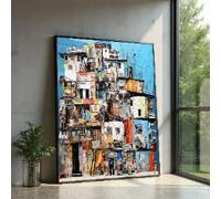 XINBAO Collage urbain abstrait, toile murale colorée représentant un paysage urbain, technique mixte contemporaine, tableau de décoration intérieure moderne (60 x 80 cm/cadre intérieur)