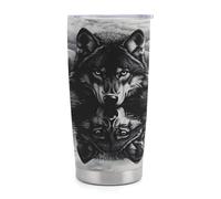 XingFox Gobelet isotherme de voyage en acier inoxydable Black And White Wolf de 590 ml (20 oz) avec poignée et paille, couvercle étanche, design tendance pour boissons chaudes et froides.