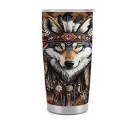 XingFox Gobelet isotherme de voyage en acier inoxydable Wild Wolf Feather de 590 ml avec poignée et paille, couvercle étanche, design tendance pour boissons chaudes et froides.