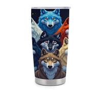 XingFox Gobelet isotherme Wolf de 590 ml en acier inoxydable avec poignée et paille, tasse de voyage à café isolée sous vide avec couvercle étanche, design tendance pour boissons chaudes et froides