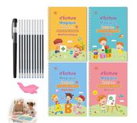 XINML Cahier Ecriture Maternelle Calligraphie Magique 4 Livres Réutilisable Rainuré Enfant Stylo 10 Recharges Guide Doigts Dessin Alphabet Chiffres Mathématiques Apprentissage CP Vacances