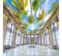 XINRUYI Papier peint mural 3D autocollant pour plafond, représentant un ciel bleu, des nuages blancs et des cocotiers, idéal pour la décoration du plafond du salon et de la chambre.