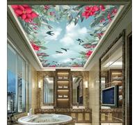XINRUYI Papier peint mural autocollant 3D pour plafond, orné de fleurs, de nuages et d'oiseaux - idéal pour la décoration du plafond du salon et de la chambre.