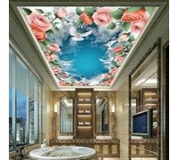 XINRUYI Papier peint mural autocollant 3D pour plafond, représentant des roses, un ciel bleu et des colombes ; idéal pour la décoration des plafonds de salon et de chambre.