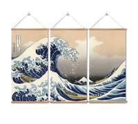 xinyuru 3-pièces Set Rouleau Ukiyo-e Grande Vague Japonaise, Cadre en Chêne | Rouleau Ukiyo-e japonais | Chêne massif | 3-pièces | 40x80 cm par panneau | Salon, bureau, étude