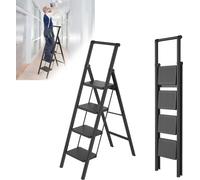 XINZI Escabeau 4 marches pliable avec main courante, escabeau domestique antidérapant, escabeau pliant, bureau, portable et stable, supporte jusqu'à 250KG, noir