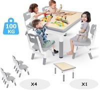 XINZI Table pour enfants avec 4 chaises Ensemble de tables pour enfants Réglable en hauteur, Ensemble de chaises pour enfants Meubles pour enfants en plastique pour 2 à 10 ans, Gris