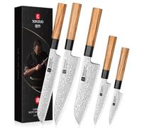 XINZUO 5 Pièces Couteaux de Cuisine Acier Damas Set Couteau de Chef, Forgés Professionnels Lot de Couteau de Damas Lames Bien Tranchantes-Chef Santoku Pain Universel Fruits-Poignée en Bois d'Olivier