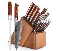 XINZUO Acier Damas 15 Pièces Set Bloc de Couteaux- Fusil à Aiguiser Acier et Ciseaux de Cuisine, Professionnel Forgé Couteau de Chef Santoku Trancher Désosser Universel Paring et 6 Couteaux à Steak